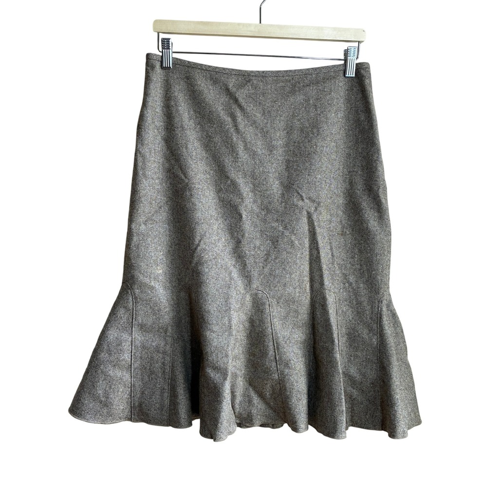 Ann Taylor Tweed Flounce Hem Midi Skirt 8 Brown Womens Virgin Wool Blend